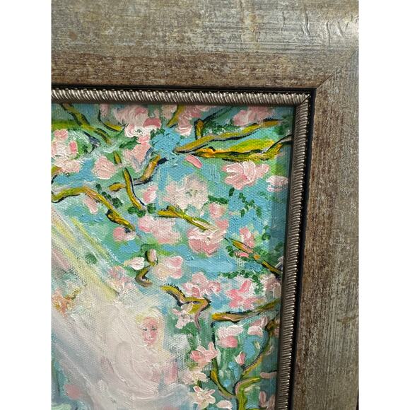 Original Framed Painting Guanyin Overlooking Little Girl Cherry Blossom Tree - Picture 3 of 7